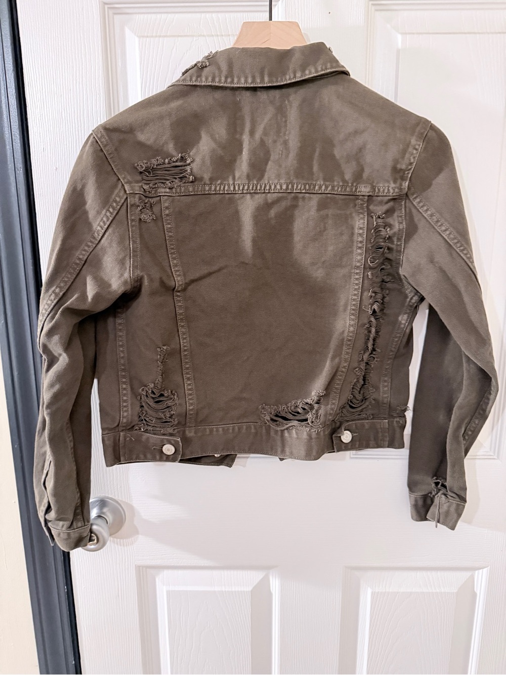 Olive Distressed Denim crop Jacket - Picture 2 of 3